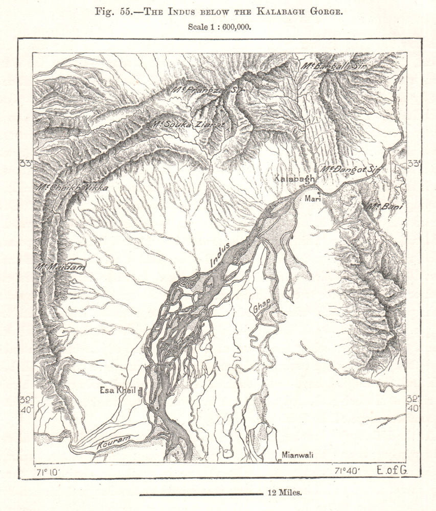 The Indus Below the Kalabagh Gorge. Pakistan. Sketch map 1885 old antique